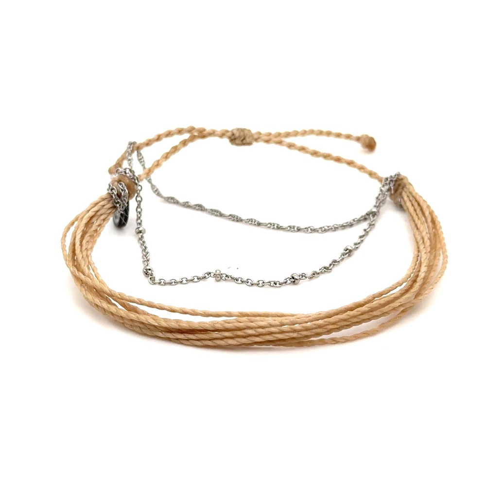 Pura Vida Tan Waxed Cord Bracelet Silver Tone Multi Strand Chain Mixed Media